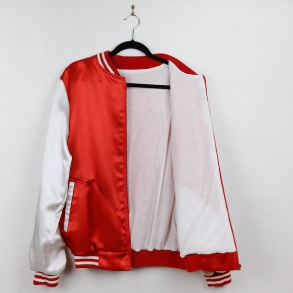 Vintage Kathy K Alphabet Varsity Red and White Satin Zip Up Bomber Jacket - Picture 3 of 5